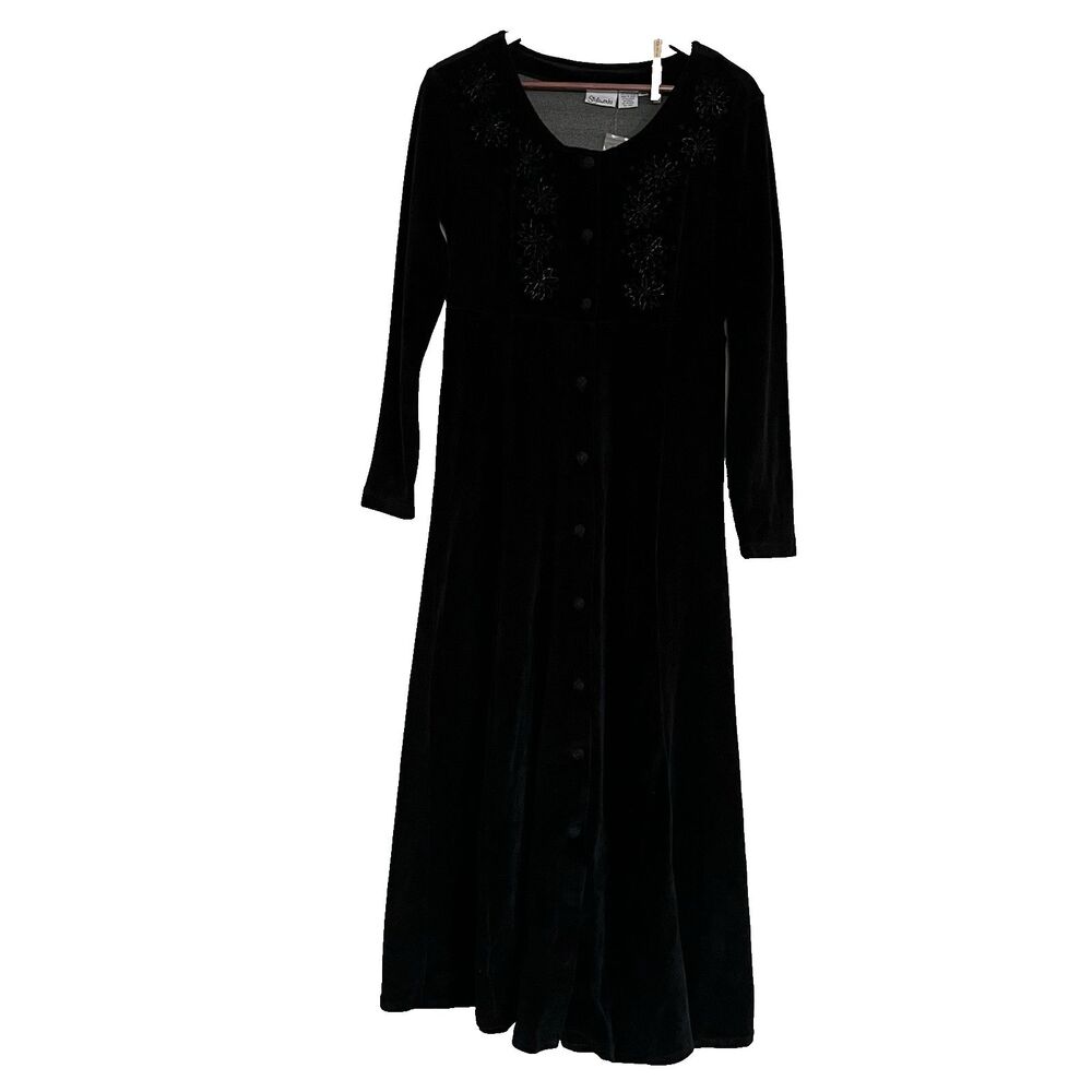 Styleworks Black Velvet Embroidered Long Sleeve 90's Button Front Maxi Dress M